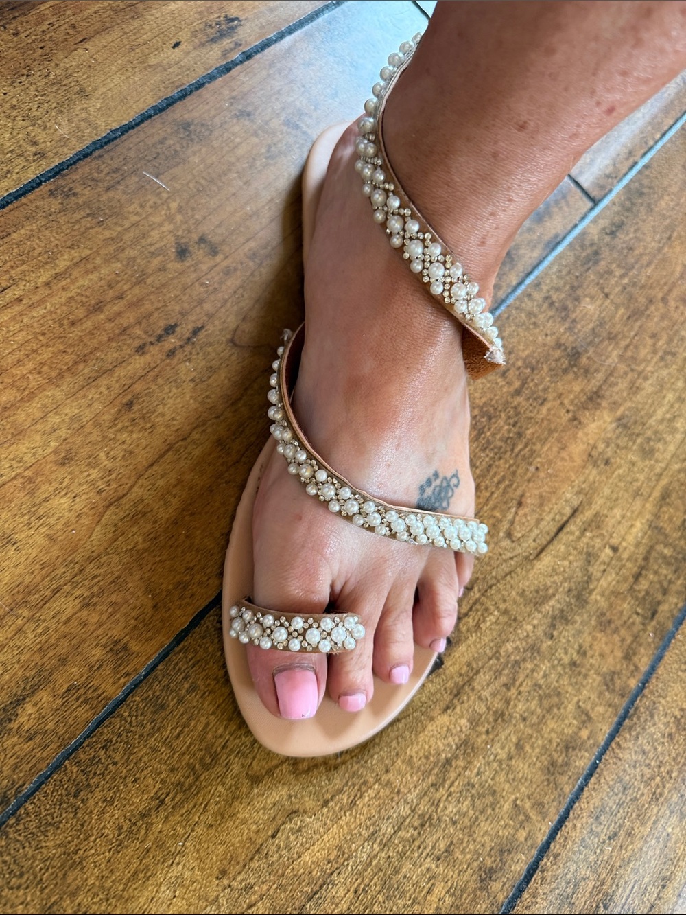 Pearl-Embellished Nude Wrap Sandals for Women…tiny pearls and rhinestones